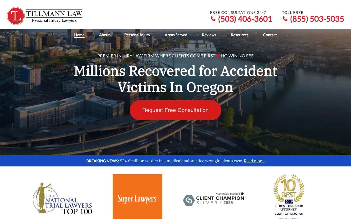 Screenshot of the Tillmann Law Personal Injury Lawyers website