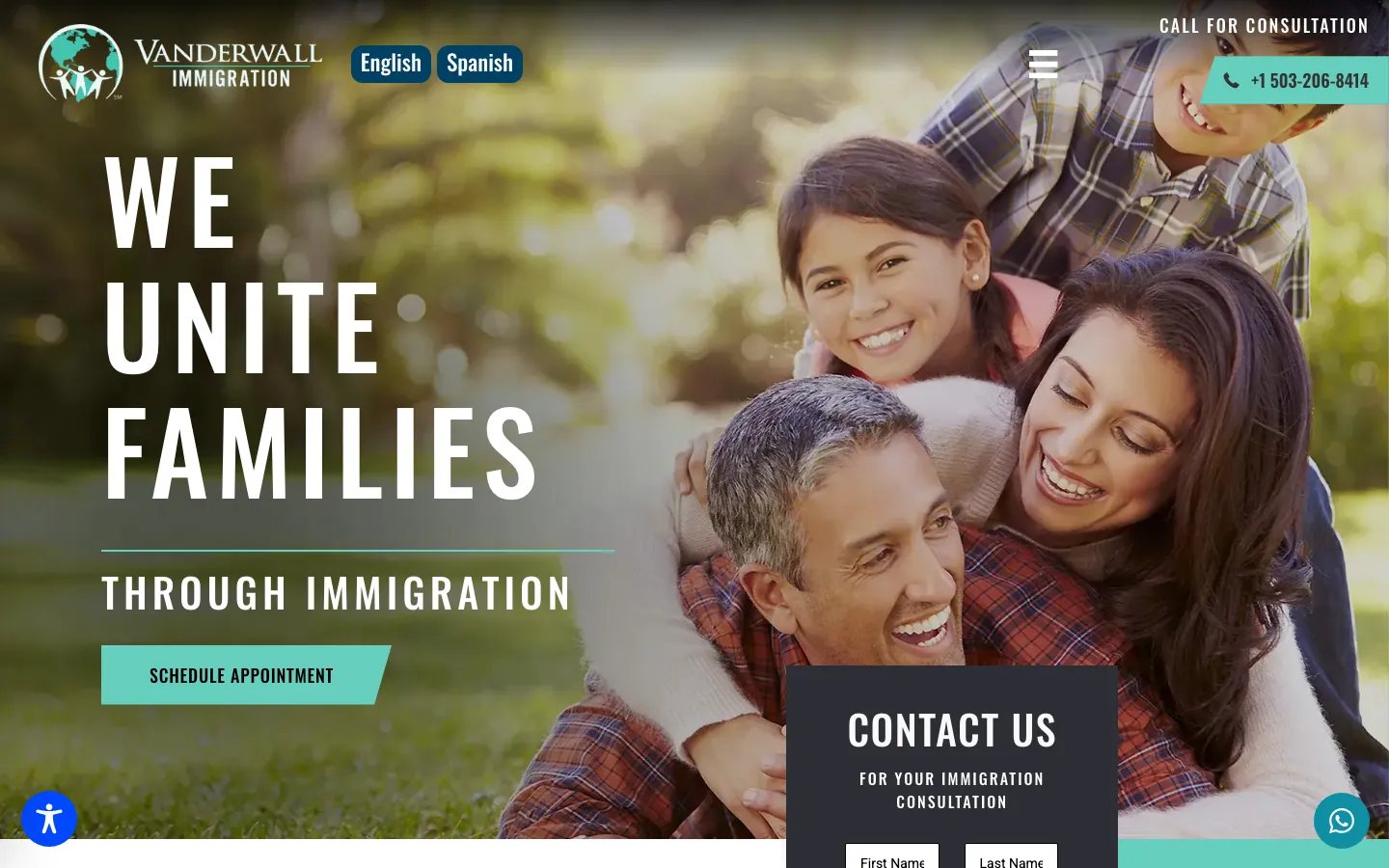 Screenshot of the Vanderwall Immigration website