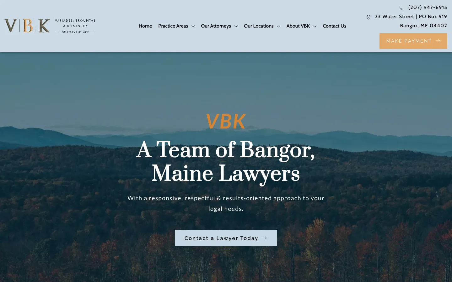 Screenshot of the Vafiades, Brountas & Kominsky, LLP (VBK Law) website