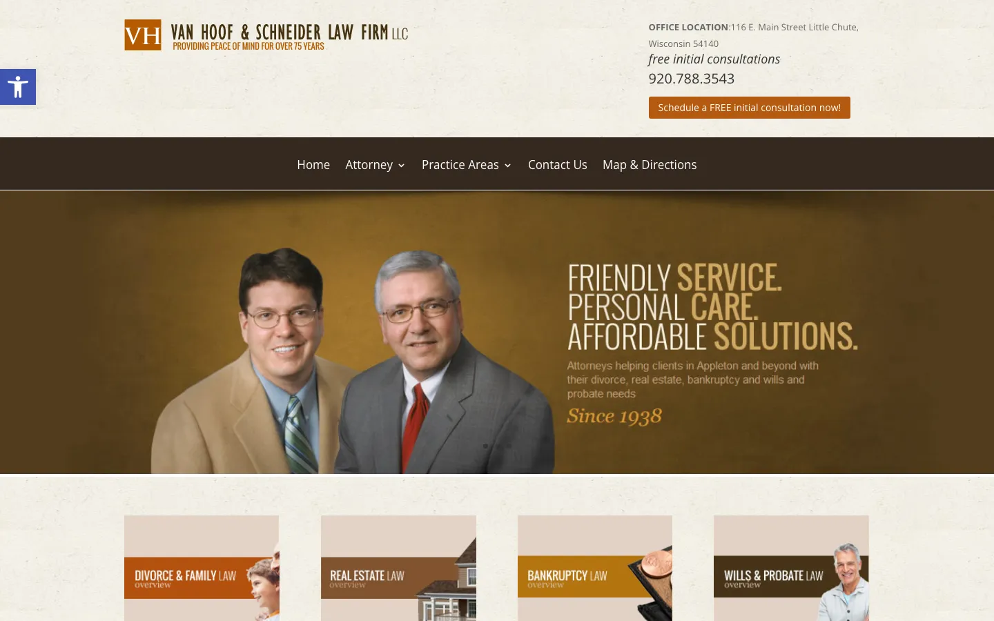 Screenshot of the Van Hoof & Schneider Law Firm LLC website
