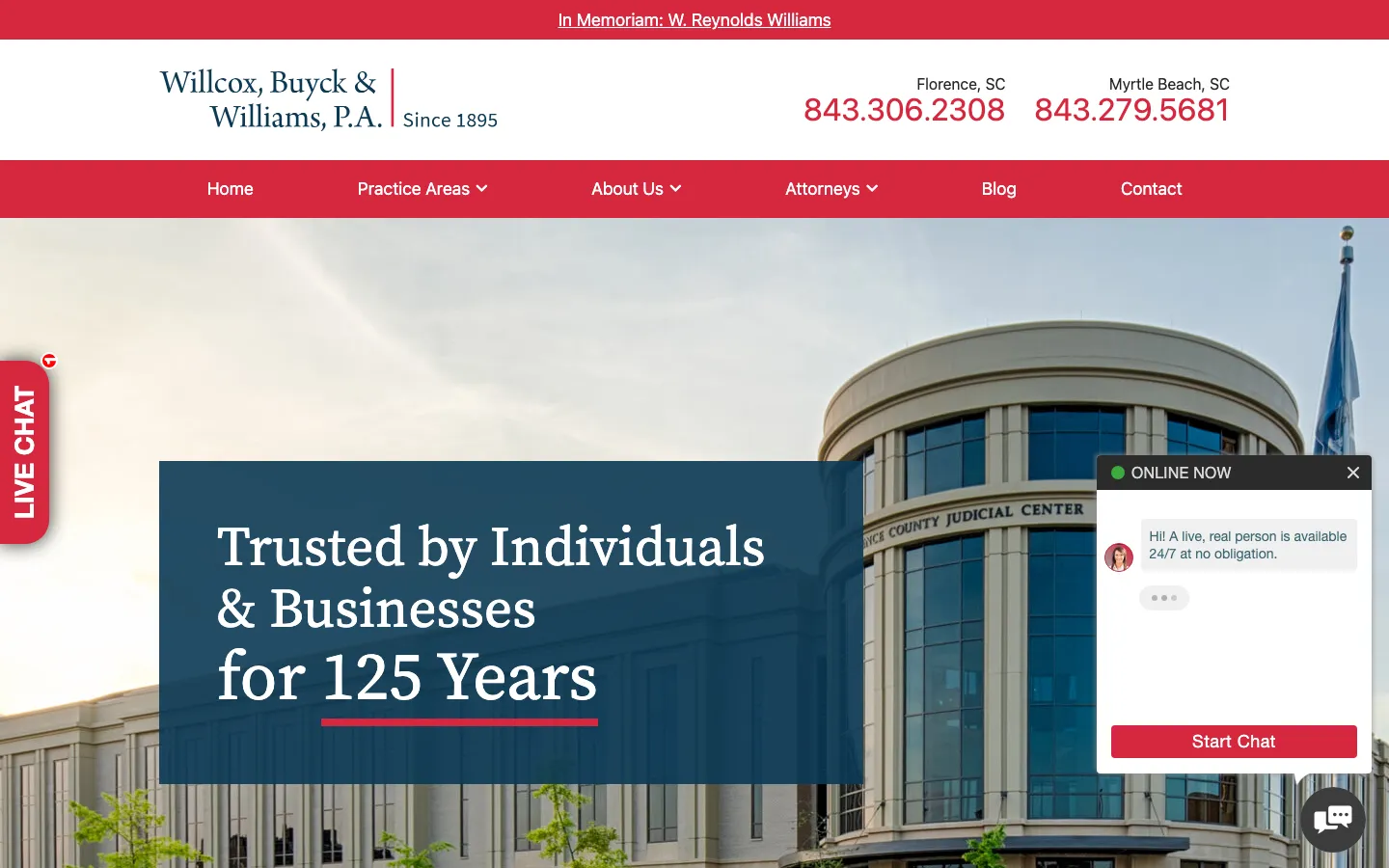 Screenshot of the Willcox, Buyck & Williams, P.A. website