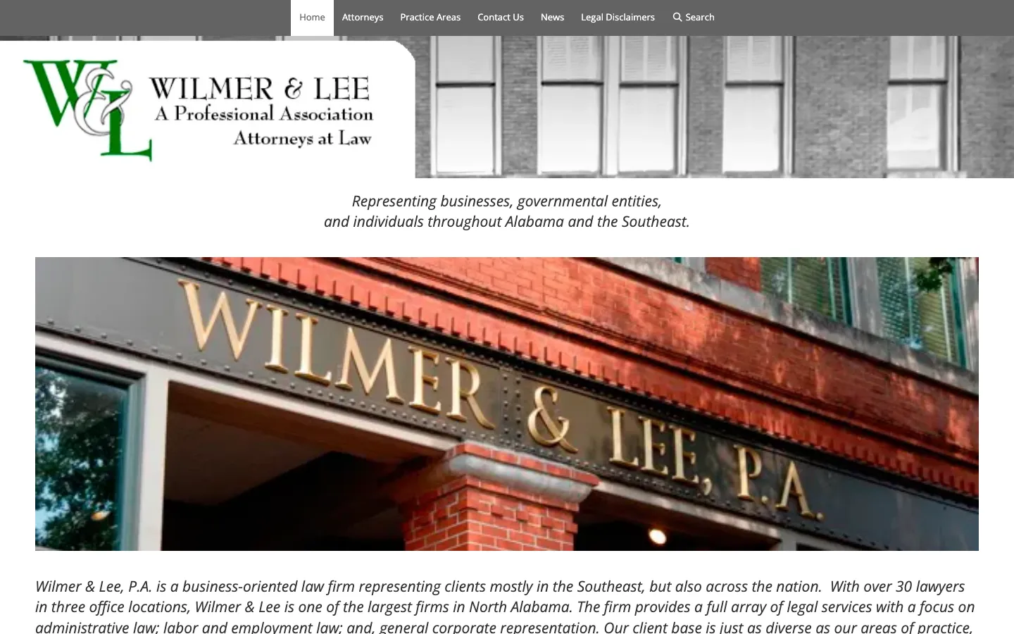 Screenshot of the Wilmer & Lee PA website